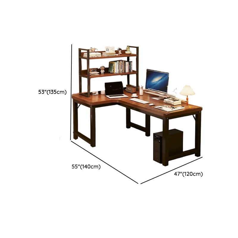 Chalk/Brown Minimalist L-Shape Distortion-resistant H-Shape Desk with Exterior Shelf and Wire Management in Natural Wood