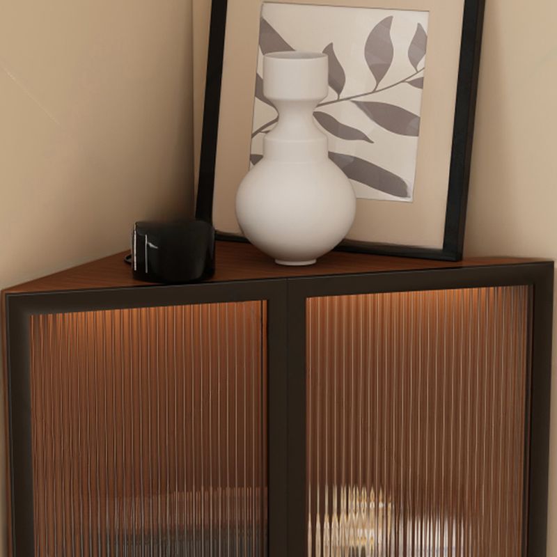 Simple Corner Accent Cabinet with Closet, Laminate, Glazed Door, and Brown Top