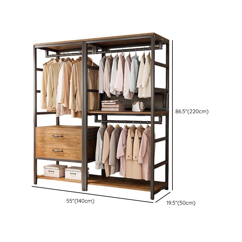 Midnight Black Simplistic Steel Hall Rack with Repository, 2 Drawers/3 Drawers, 4 Shelves/3 Shelves/7 Shelves, and Manufactured Wood Bench