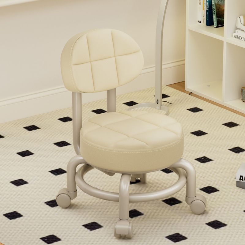 Trendy Circular Solid Color Standard Ottoman with Leatherette Upholstery in Cream/Tan/Amber Color and Rollers