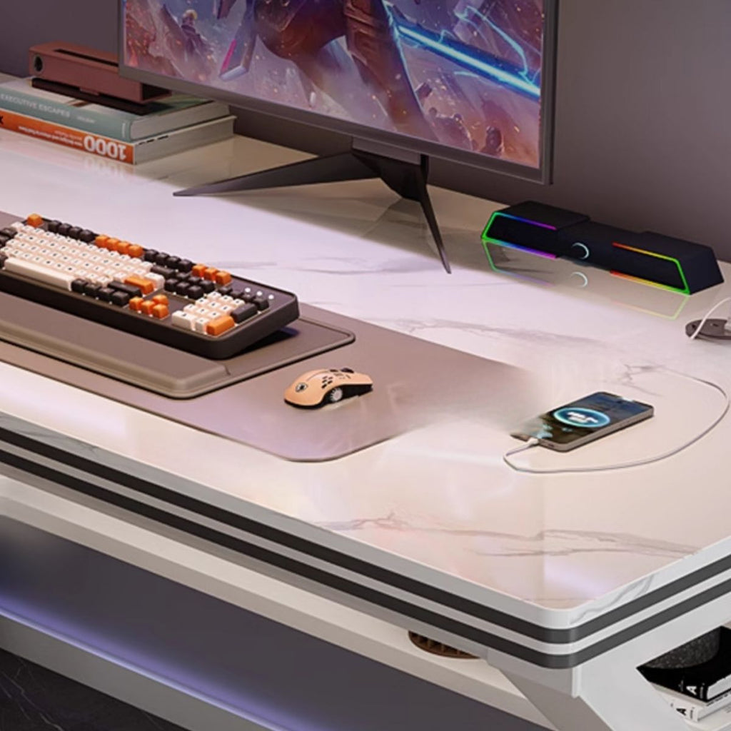 Grey/Chalk Minimalist Gaming Computer Desk with Rust Resistant Trestle Base, Exterior Shelf, Wire Management, and Stone Top