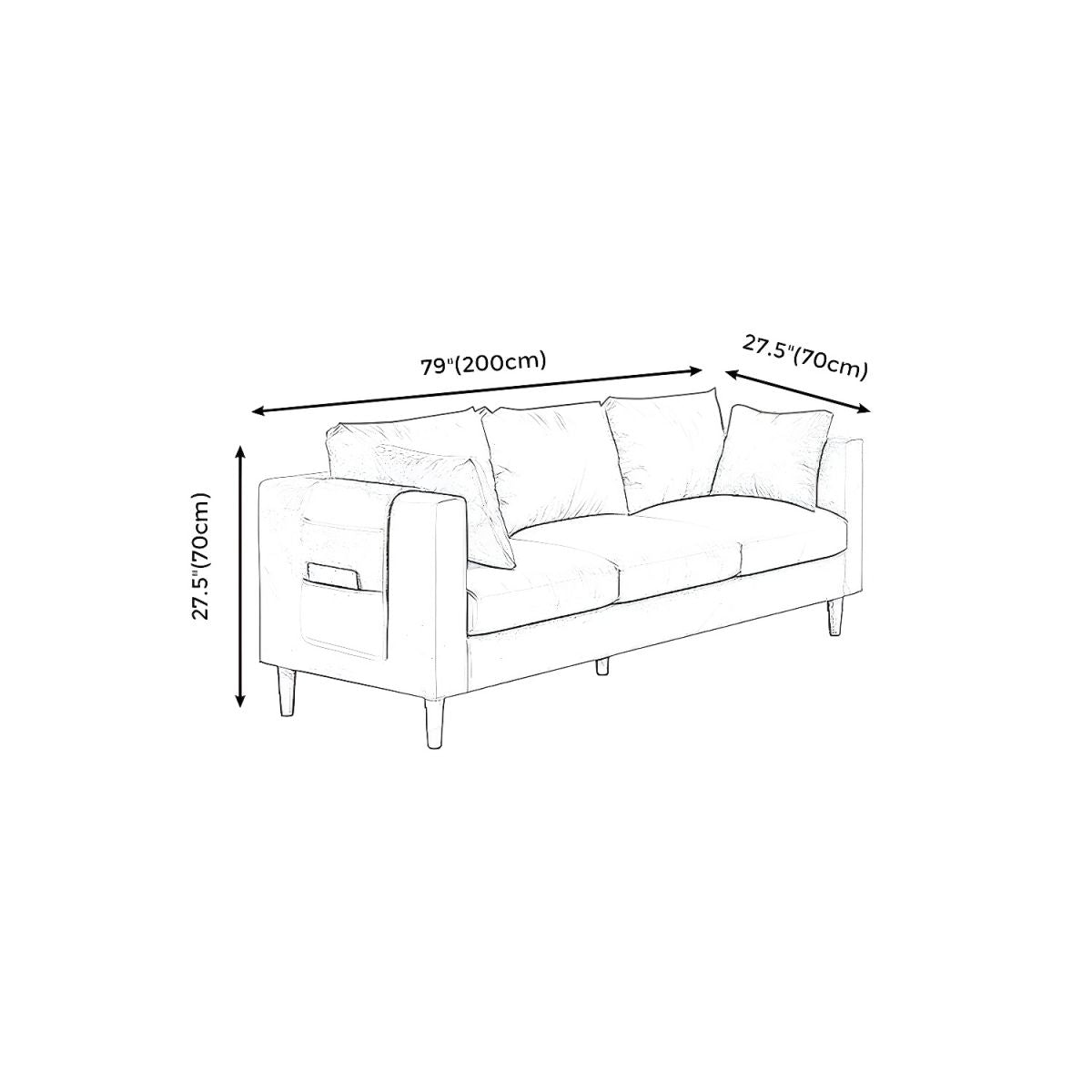 Contemporary Velvet Square Arm Sofa with Storage for Three People