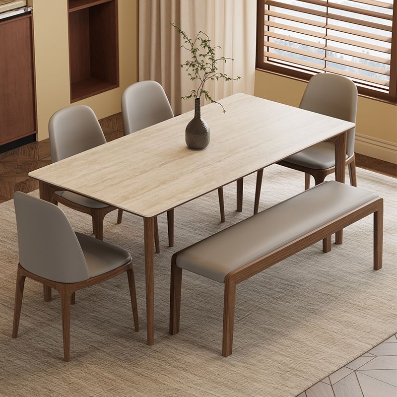 Modish Rectangular Dining Table with Cream Slate Top and Fixed Table Mechanism