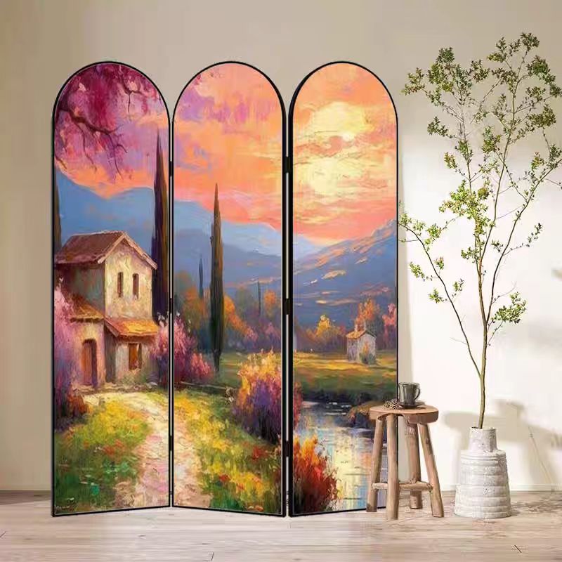 Indoor Opaque Collapsible Natural Wood Room Screen with 3 Panels, Double Sided Print, and Freestanding Design