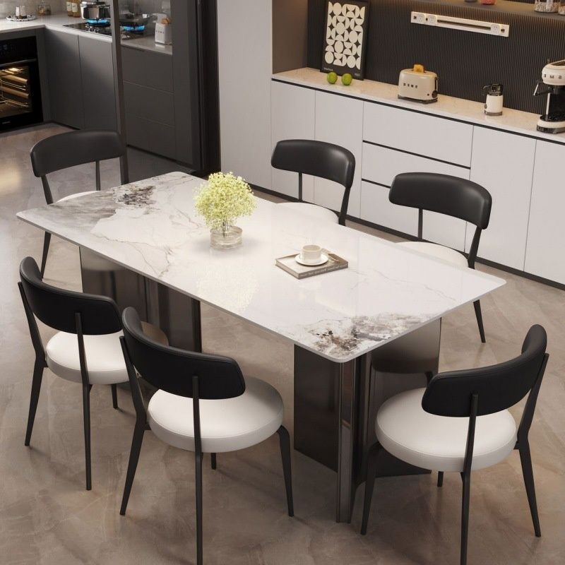 Anti-Fouling Gloss Finish Stone Dining Table with a Sintered Stone Tabletop and Midnight Black Double Pedestal Base for Seating for 4/for 8/6 People