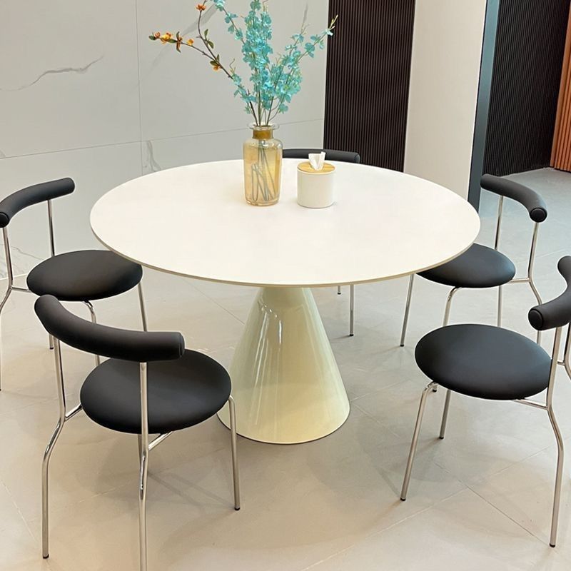 Minimalist Circular-shaped Dining Table with White Slate Top, Fixed Mechanism, and Scratch-proof