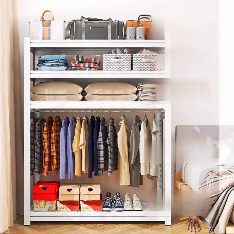 Chalk Contemporary Coat Rack with Receptacle, 3/4/5 Shelves, Steel Frame, and Alloy Bench