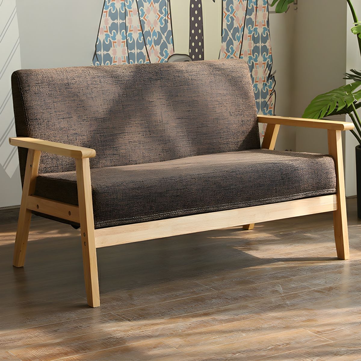Modern Wood Frame Cotton and Linen Sofa with Foam Seat in Natural Wood Legs and Tight Back Design