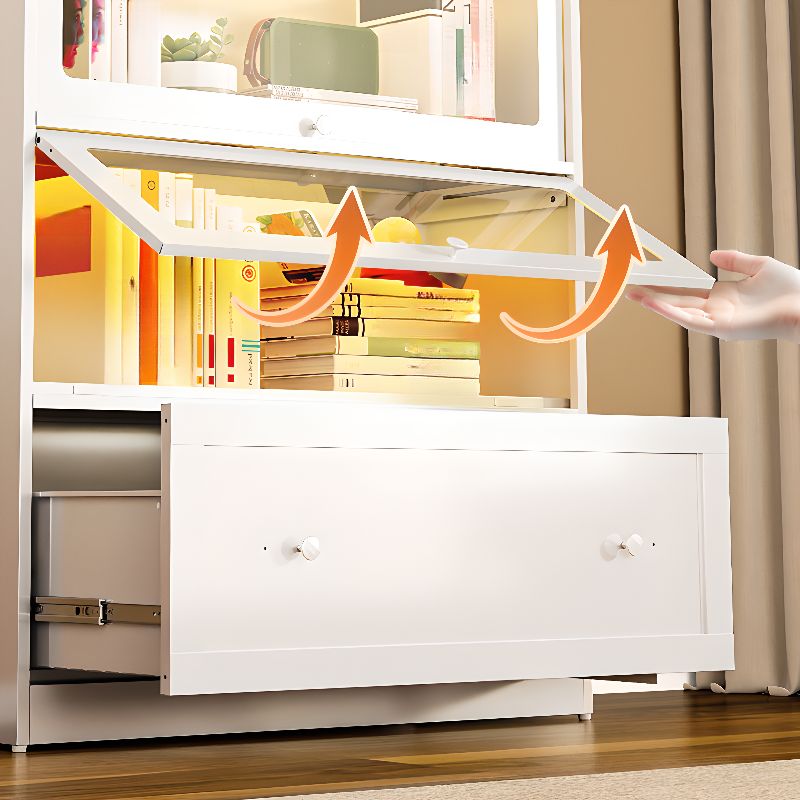 Vertical White Steel Rack Storage with 4 Shelves/2-Shelf/3-Shelf, 1-Drawer, Transparent Glass Door and Closed Back