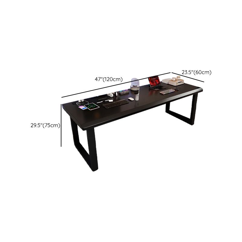 Casual Writing Desk with Built-in Outlets, Rust Resistant Sleigh Base, and Ink/Light Brown/Natural Pine Wood Top