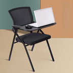 Simplistic Matte Black Metal Pop Up Training Chair/Side Chair with Armrest, 1 Piece, Adapted for Tile Flooring