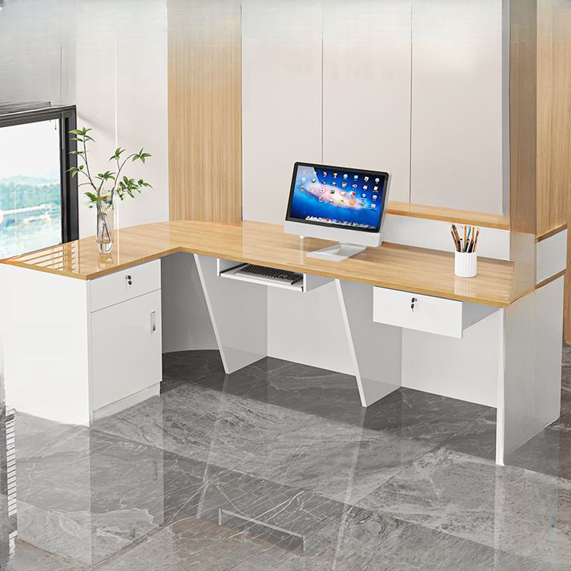 L-Shape Manufactured Wood Top Reception Desk with Hutch, Keyboard Tray, Cabinet, Desk Return & Cable Management