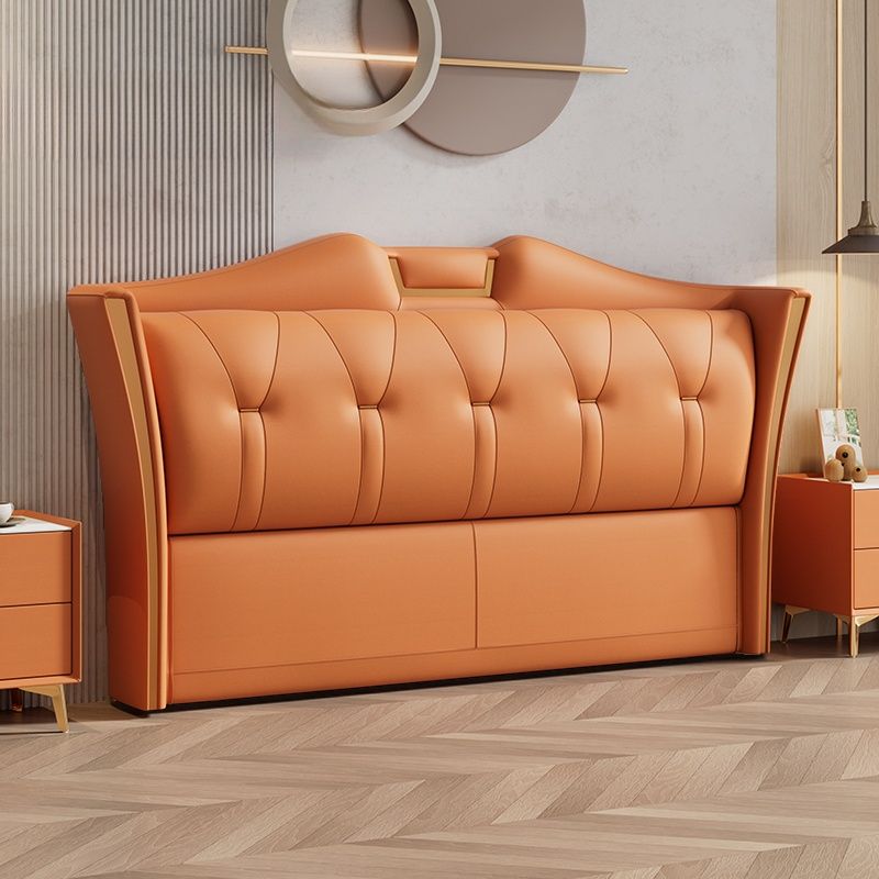 Trendy Wingback Headboard in Natural Wood with No Distressing, Camelback Shape for Queen/Full Bed, Featuring Sponge Upholstery and Standard Height