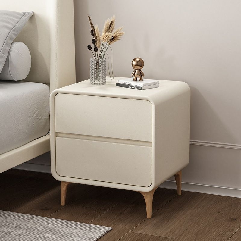 Modish Nightstand With Drawer Organization, 2 Drawers, Pleather Countertop, and Leg