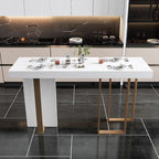Luxurious High Top Table with White Marble Top, Dual Footing, Seating for 4/6/8, Chalk Color, Rectangle Shape
