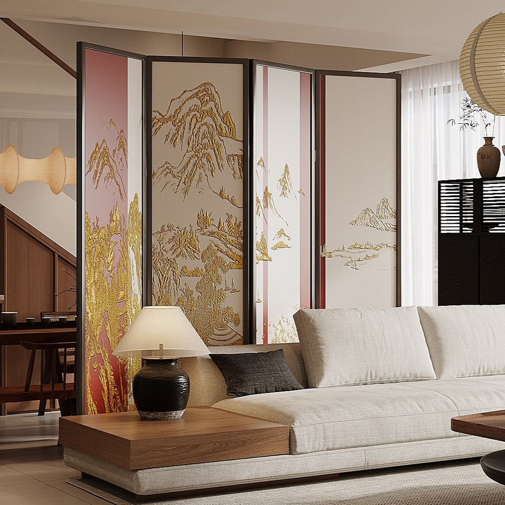 Tan Opaque Fold-up Screen Divider with 4 Panels, Double Sided Print, and Independent Design