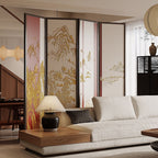 Tan Opaque Fold-up Screen Divider with 4 Panels, Double Sided Print, and Independent Design