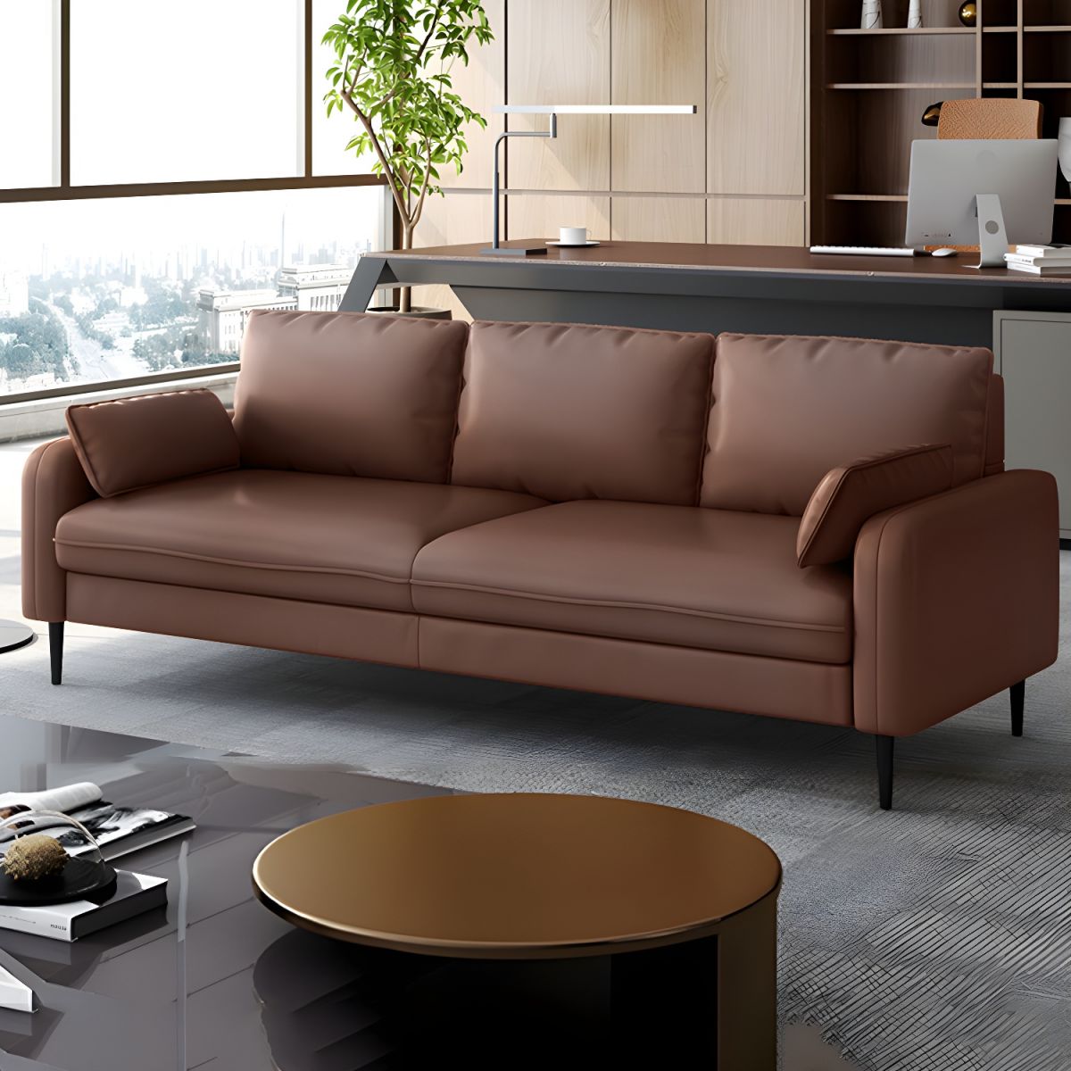3-Seater Faux Leather Sofa Mid Century Loose Back Square Arm Settee
