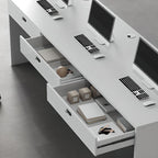 Chalk/Cocoa/Wood Color Timber Desk with Scratch Resistant Surface, Drawers, CPU Storage, Cable Management, and Front Splash