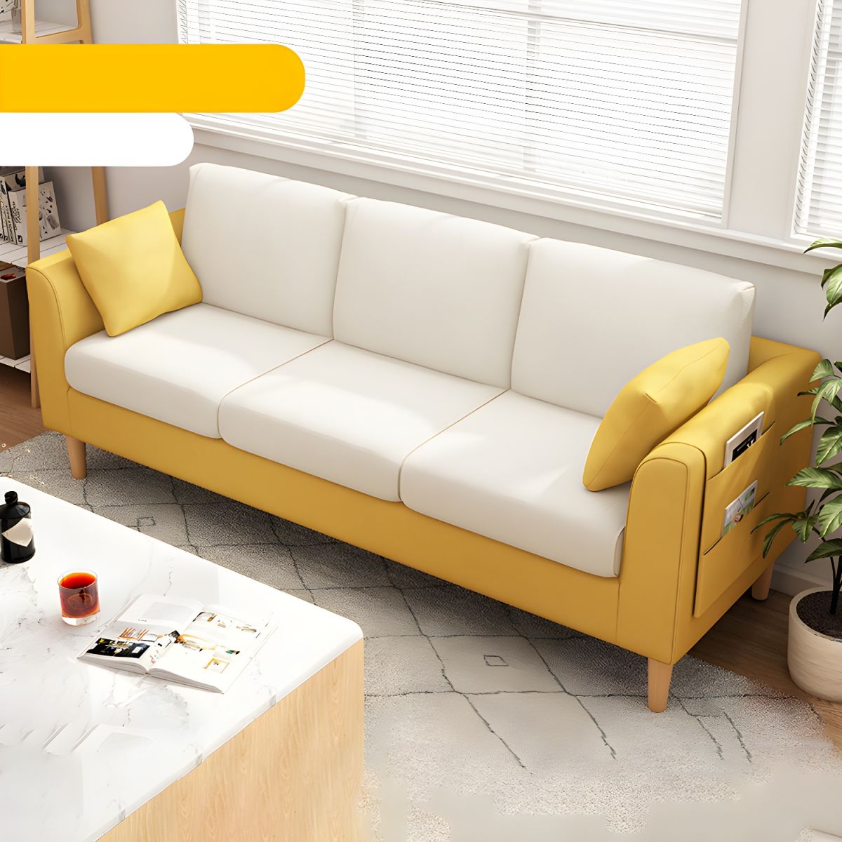 Scandinavian 3 Seater Sofa with Pillows Back and Tuxedo Arm and Solid Wood Legs