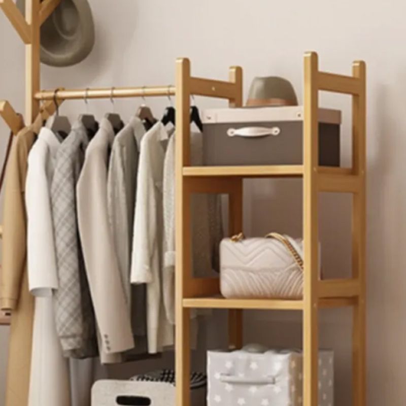 Natural Color Contemporary Laminate Coat Rack with Receptacle, 7 Shelves/3 Shelves, and Wood Hook