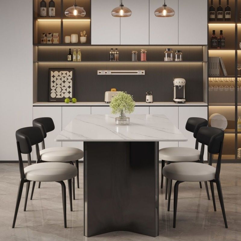 Anti-Fouling Gloss Finish Stone Dining Table with a Sintered Stone Tabletop and Midnight Black Double Pedestal Base for Seating for 4/for 8/6 People