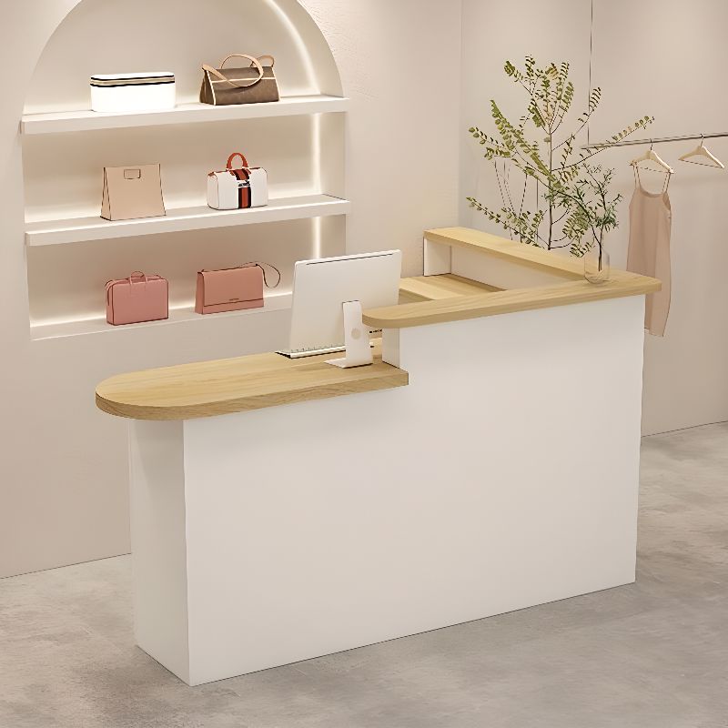L-Shape Reception Desk with Cabinet, Hutch, Desk Return, Wood Color Top, Filing Cabinet, and Manufactured Wood Top