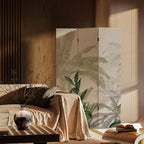Beige Opaque Fold-up Screen Divider with Natural Wood Frame, 3/4 Panels, Double Sided Print, and Independent Design