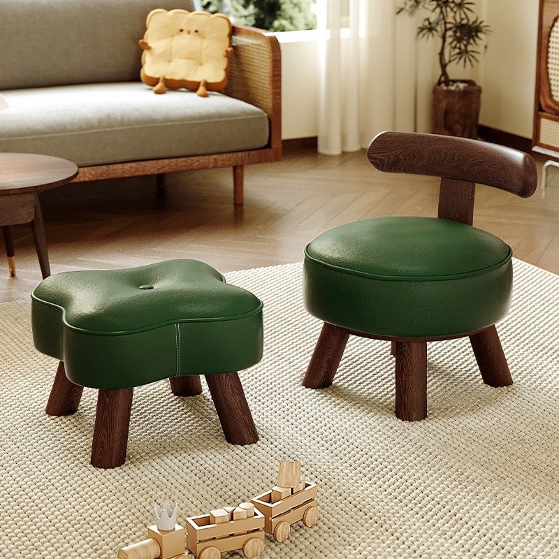 Casual Circular-shaped Solid Color Standard Ottoman in Pleather with Chalk/Jade Green Upholstery