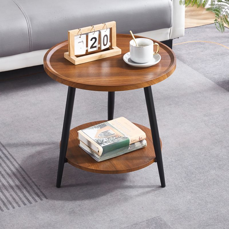 Contemporary Orbicular Chairside Table with Engineered Wood and Three Legs, Featuring Tray Top and Shelf