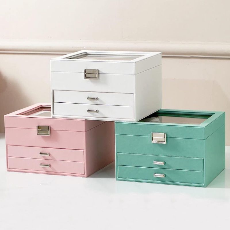 Modern & Contemporary Solid Color Jewelry Armoire in Artificial Leather with Drawers