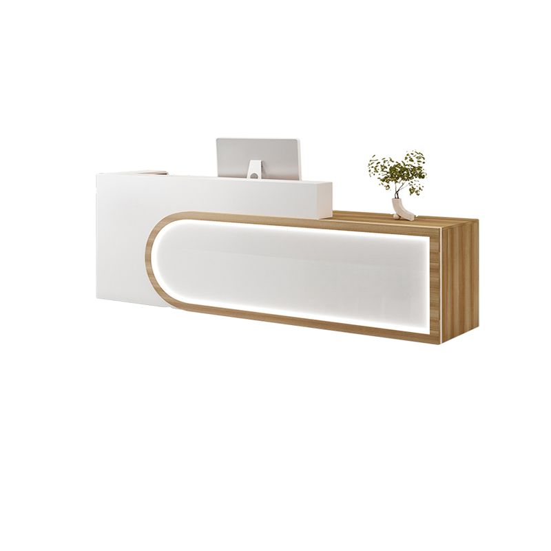 Rectangular Beige/Orange/Pink Manufactured Wood Top Reception Desk with Hutch, Keyboard Tray and Cable Management