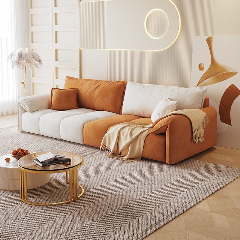 Contemporary Modern Stain Resistant Solid Color Standard Sofa in Off-White/Amber Flannel, Seats 4/3 with 2 Pillows