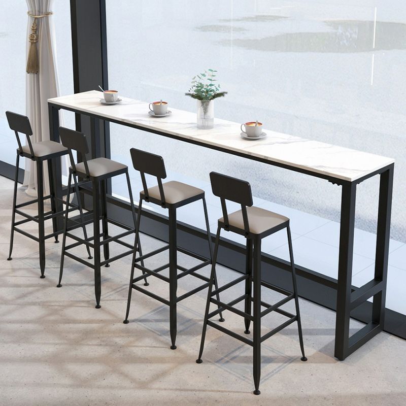 Rectangular Modern Stone Top Bar Table Set with Trestle Base and Backrest Barstools