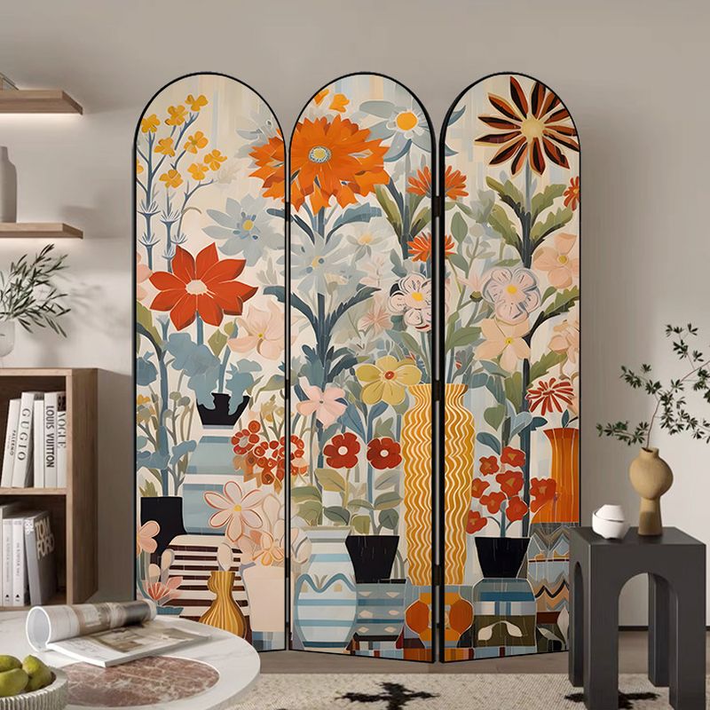 Minimalist Opaque Fold-up Screen Divider with Natural Wood Frame and 3 Panels, Double Sided Print, Independent