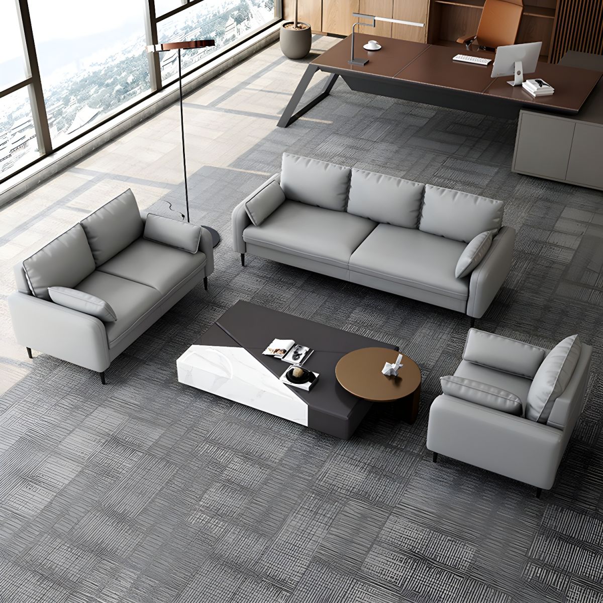 3-Seater Faux Leather Sofa Mid Century Loose Back Square Arm Settee