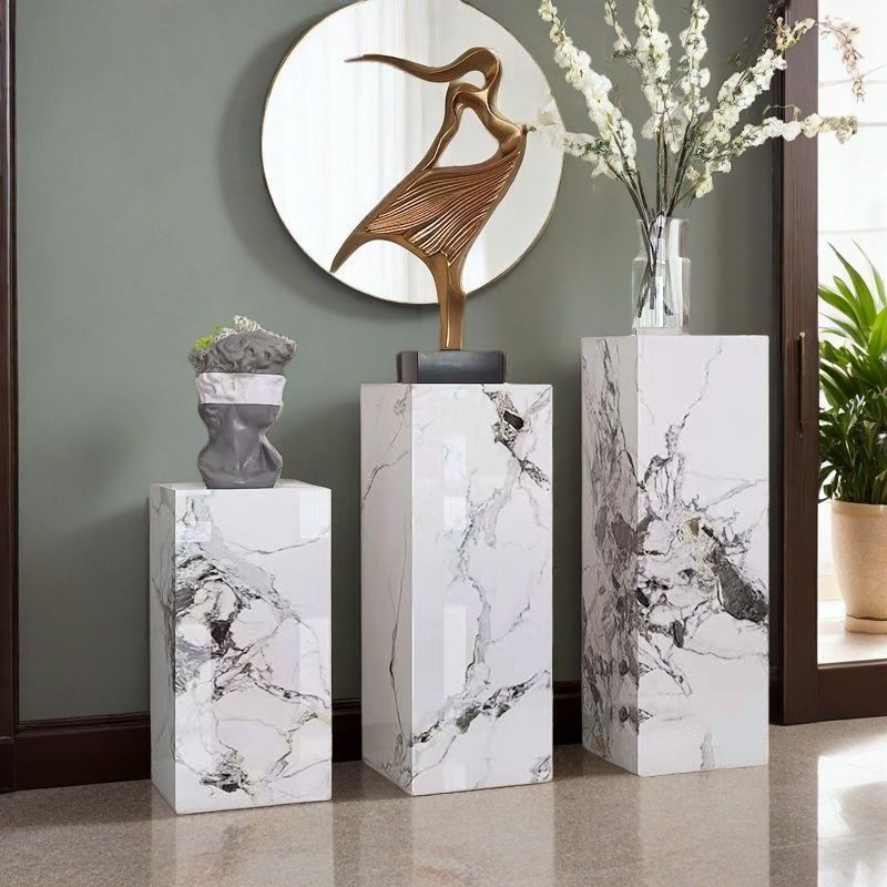 White Square Marble Pattern Stone Display Table with Unfinished Finish, 30 to 39 in/20 to 29 in Height, Up to 19 in Size