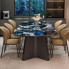 Trendy Midnight Black Steel Base Fixed Mixed Material Marble Top Dining Table Seating for 4/6 People, Stain Resistant