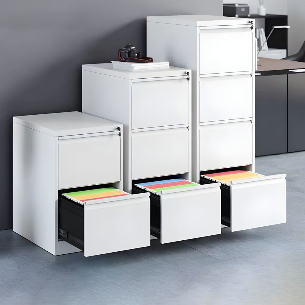 Modern Steel Vertical Filing Cabinet with Lock, Drawers & Self-Close Glides