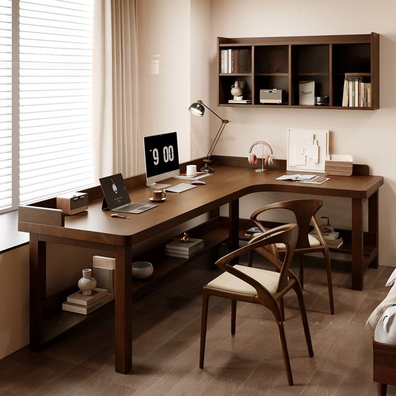 Casual Sepia Writing Desk with Storage and Scratch-proof H-Shape Base Featuring Exterior Shelf and Baffle