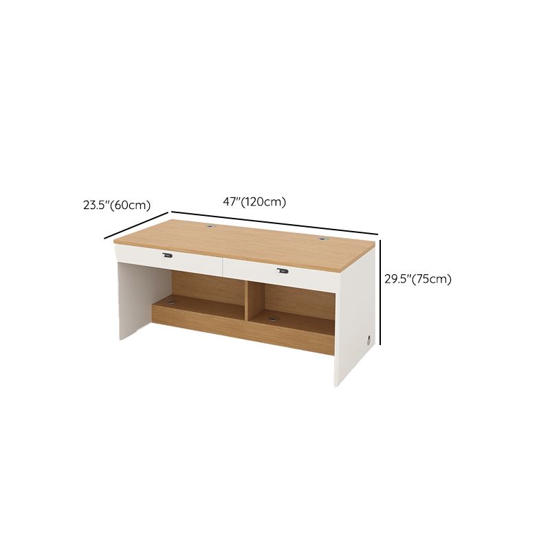 Wood Color Timber Desk with Locking Drawer/Cabinet, Scratch Resistant, 2 Drawers, 2 Cabinets, Twin Support Base, and Front Splash