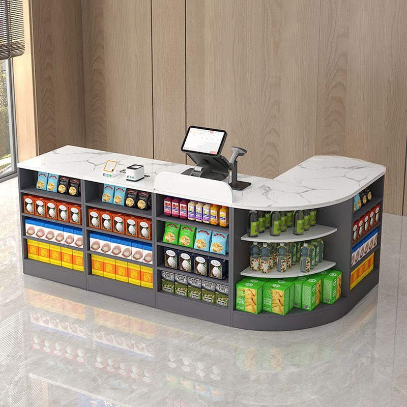Reception Desk with Nook Shape, Sintered Stone Top, Locker Cabinet, and Desk Return