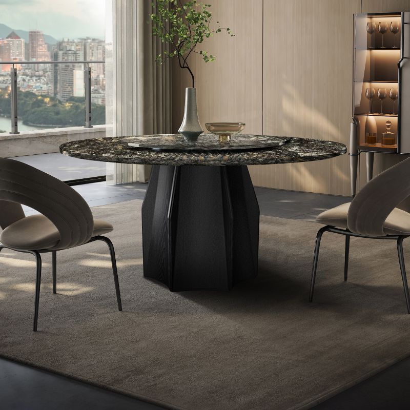 Circular Marble Top Dining Table with Genuine Wood Single Pedestal and Lazy Susan in Ink, Scratch-immune, 4-person Seating/Seating for 6/8 People