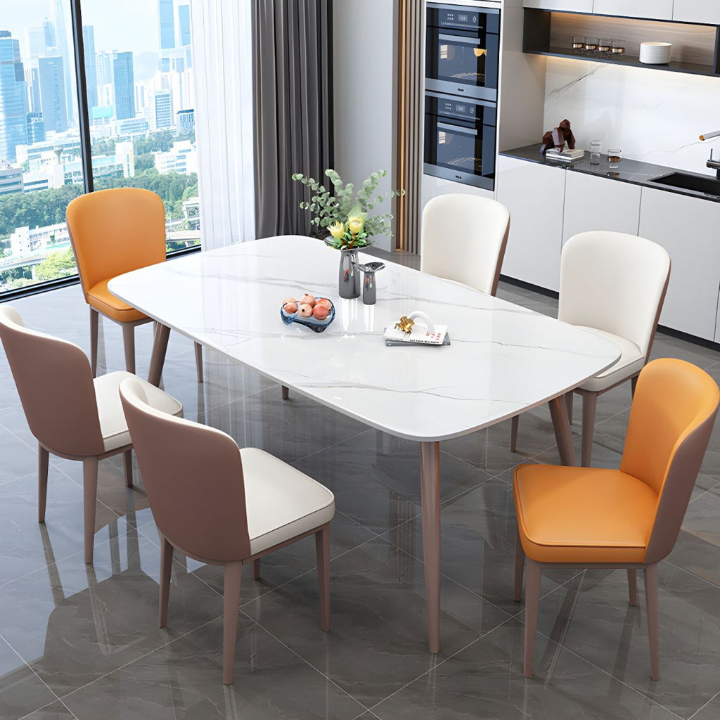 7-Piece Metal Modern Dining Set with Slate Table Top and Upholstered Chairs in Violet Color