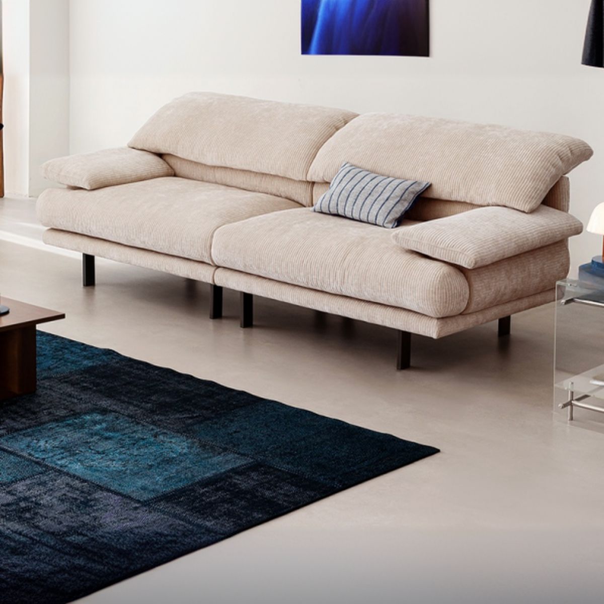 Standard Sofa in Navy Blue/Beige with 1 Pillow