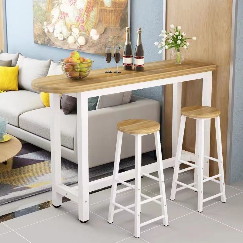 Modern Pub Table with Laminate Top and Four Legs in Wood Grain, Featuring Container Storage and Irregular Shape