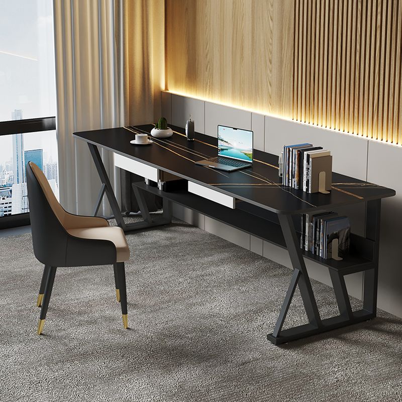 Storage Desk with Scratch-proof Durability, 2 Drawers, Sleigh Base, Exterior Shelf, Glossy Black Drawer, Slate Top
