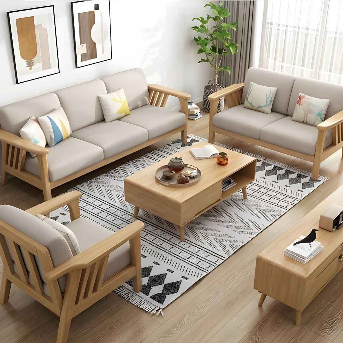 Scandinavian Fabric Sofa with Square Arm and Cushions for Living Room