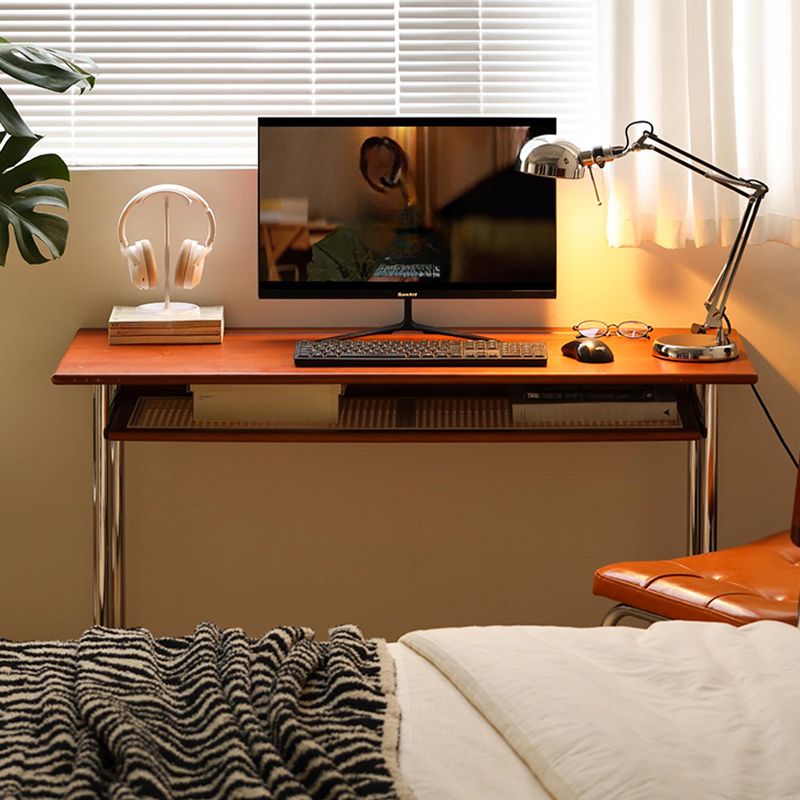 Writing Desk with Storage and Twist-resistant H-Shape Base, Sepia Top with Exterior Shelf and Foot Pad, Unattached