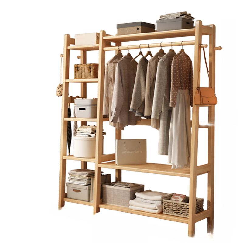 Modern Coat Tree with Stockroom Storage, 7 Shelves, Rubberwood Frame, and Wood Hook